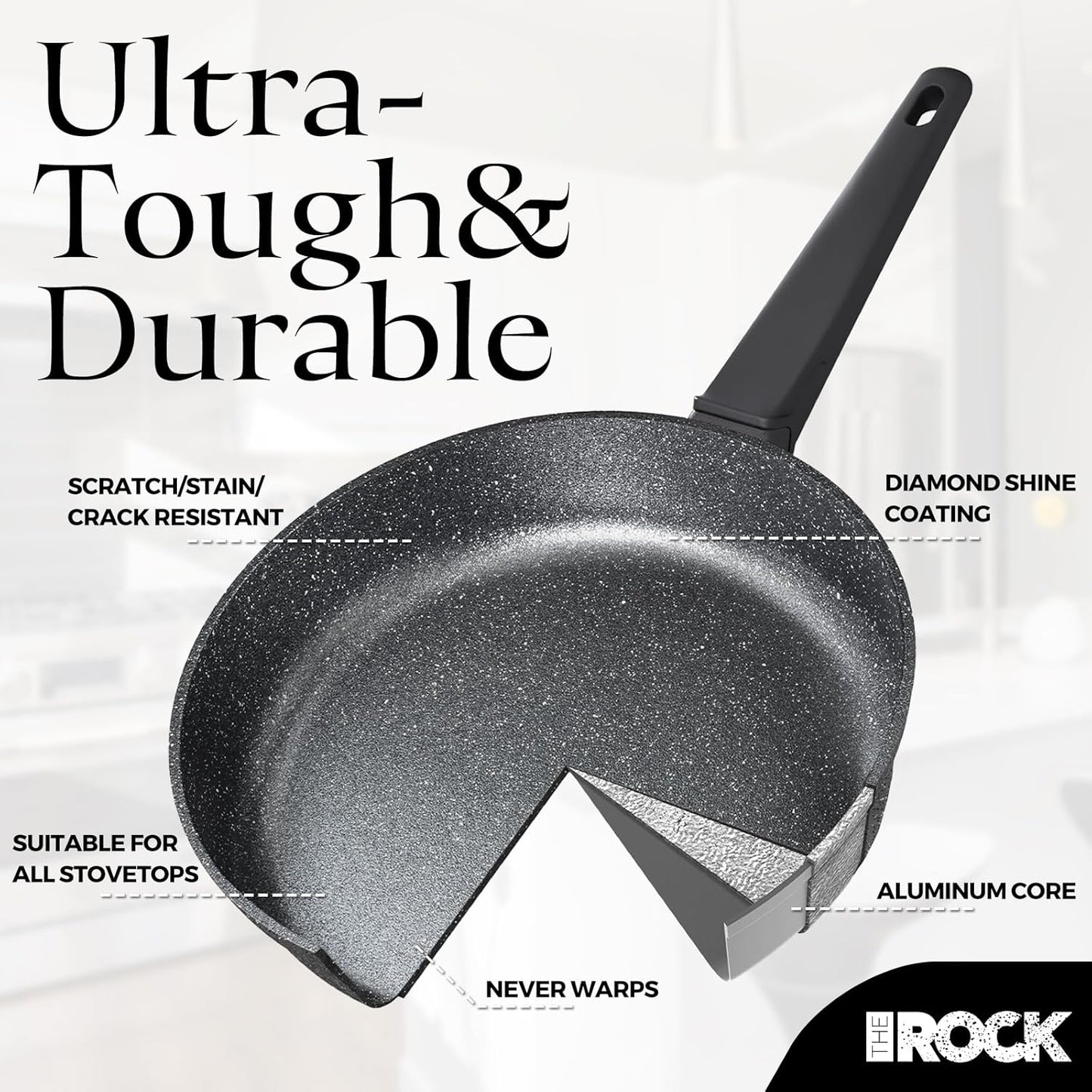THE ROCK SOHO 12.5-Inch Non Stick Frying Pan with Lid – Nothing Sticks, Never Warps, Lasts Longer, Healthy Skillet with Heat-Resistant Handle, PFOA Free, Oven & Dishwasher Safe, Black