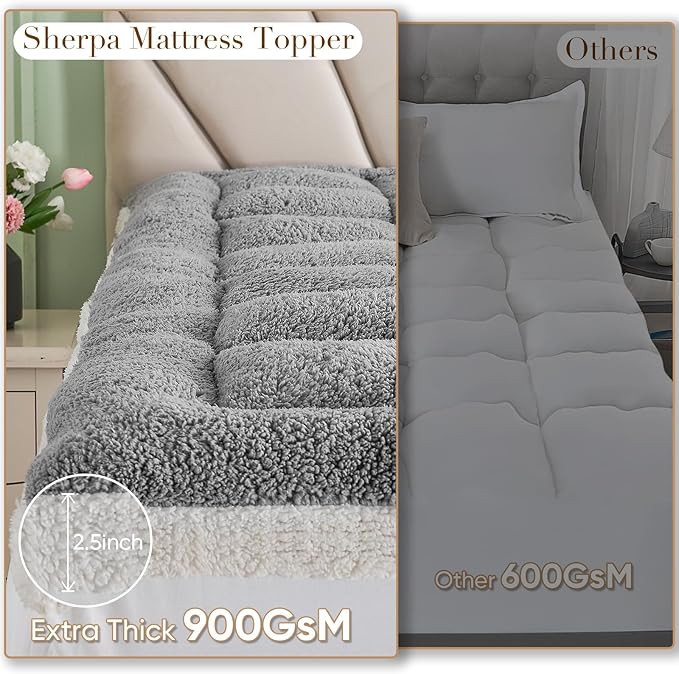 Cymula Twin Mattress Topper, Sherpa Mattress Pad for Dorm Bed Extra Thick 900GSM Down Alternative Plush Pillow Top 2inch Soft Futon Paded Mattress Protector Cover, Grey