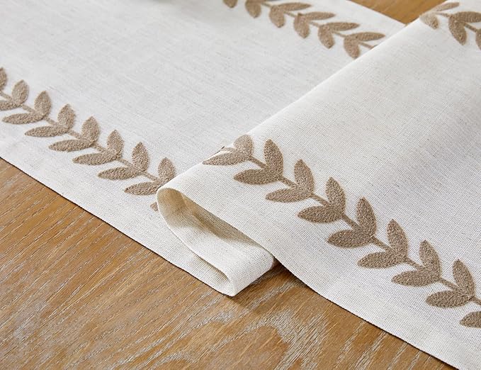 Wracra Embroidered Fall Table Runner Irregular Willow Leaf Table Runners 108 Inches Long for Dresser Home Dining Table Decor,14 x 108 Inch, Taupe
