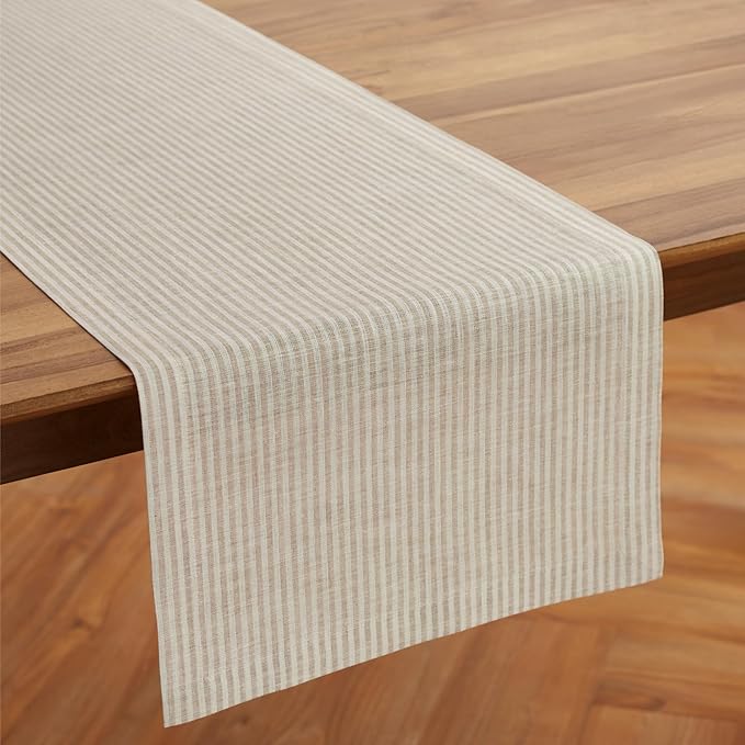Solino Home Linen Table Runner 48 Inches - Narrow Stripe 100% Pure Linen Natural and White Table Runner 14 x 48 Inch Ideal for Dresser and Coffee Tables - Winter, Christmas, New Year