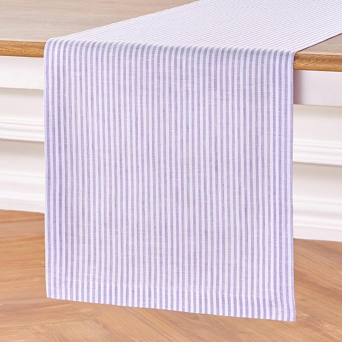 Solino Home Linen Table Runner 36 Inches - Narrow Stripe 100% Pure Linen Lavender and White Farmhouse Table Runner 14 x 36 Inch Ideal for Dresser and Coffee Tables - Christmas, New Year