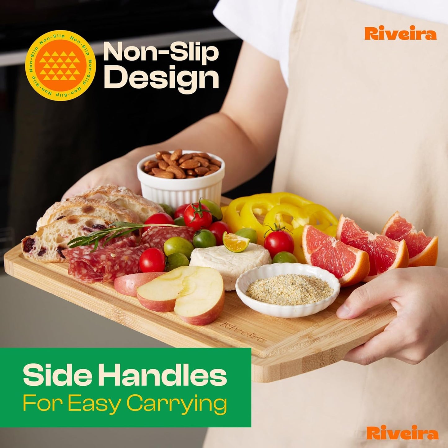 Riveira Two Tone Bamboo Wood Cutting Board – Gourmet Bamboo Grandeur: 20 x 30 Wooden Cutting Board – Wooden Cutting Boards For Kitchen Decorative – Innovative Juice Grooves Wooden Chopping Board