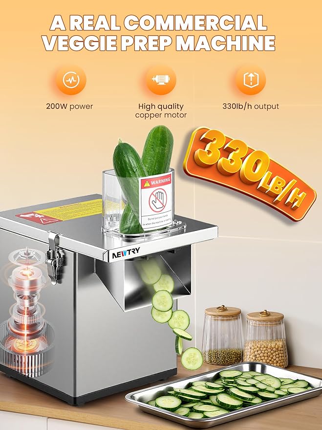 NEWTRY 4 in 1 Commercial Vegetable Processor Electric Veggie Fruit Slicer Dicer Shredder & Strip Crinkle Cutter All Stainless Steel 110volt 200W