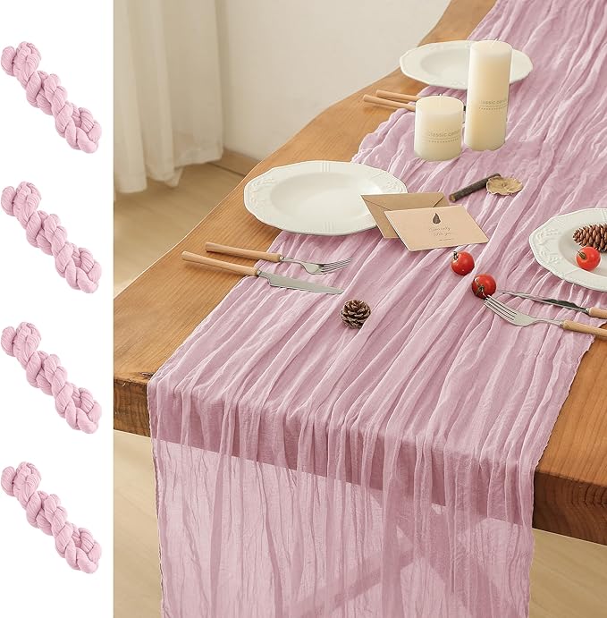 Leetaltree 4 Pack Pink Cheesecloth Table Runner, 35x120 Inch Boho Rustic Cheese Cloth Table Runner, Decorative Table Runners for Bridal Baby Shower Decorations or Wedding Table Decorations