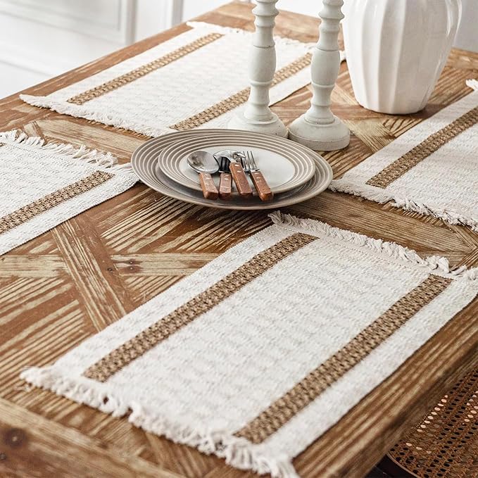 Niviy Boho Placemats Set of 12, 12x18 Inch Natural Cotton Burlap and Kitchen Woven Placemats with Tassels for Dining Table Centerpiece Thanksgiving Home Decorations