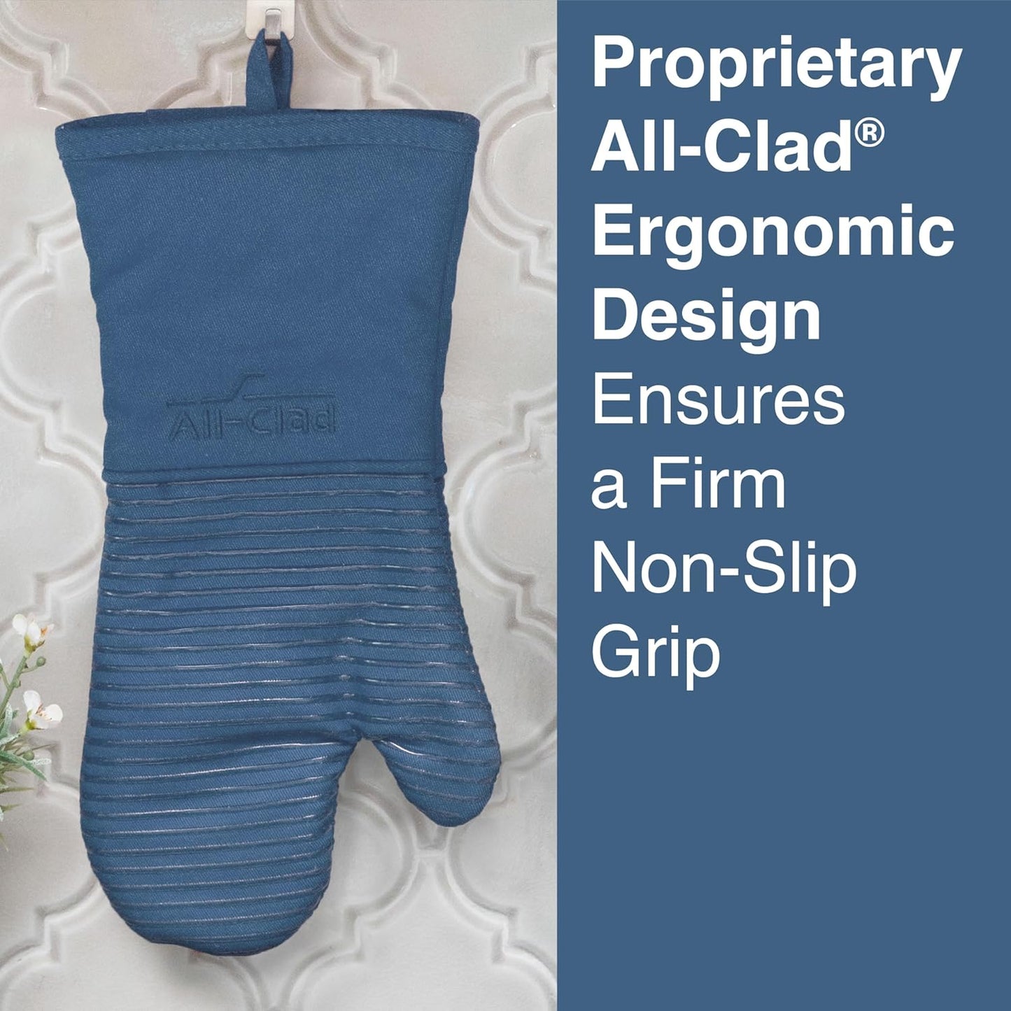 All-Clad Premium Silicone Oven Mitt: Heat Resistant to 500 Degrees - 100% Cotton & Silicone, 14"x7" Pot Holder for Kitchen and Barbeque, (1-Pack), Indigo