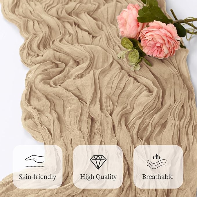 6 Pack Beige Cheesecloth Table Runner 17x108 Inch Semi Sheer Boho Gauze Cheese Cloth Fabric Table Runners, for Wedding Party Baby Shower Birthday Home Decor Garden Farmhouse