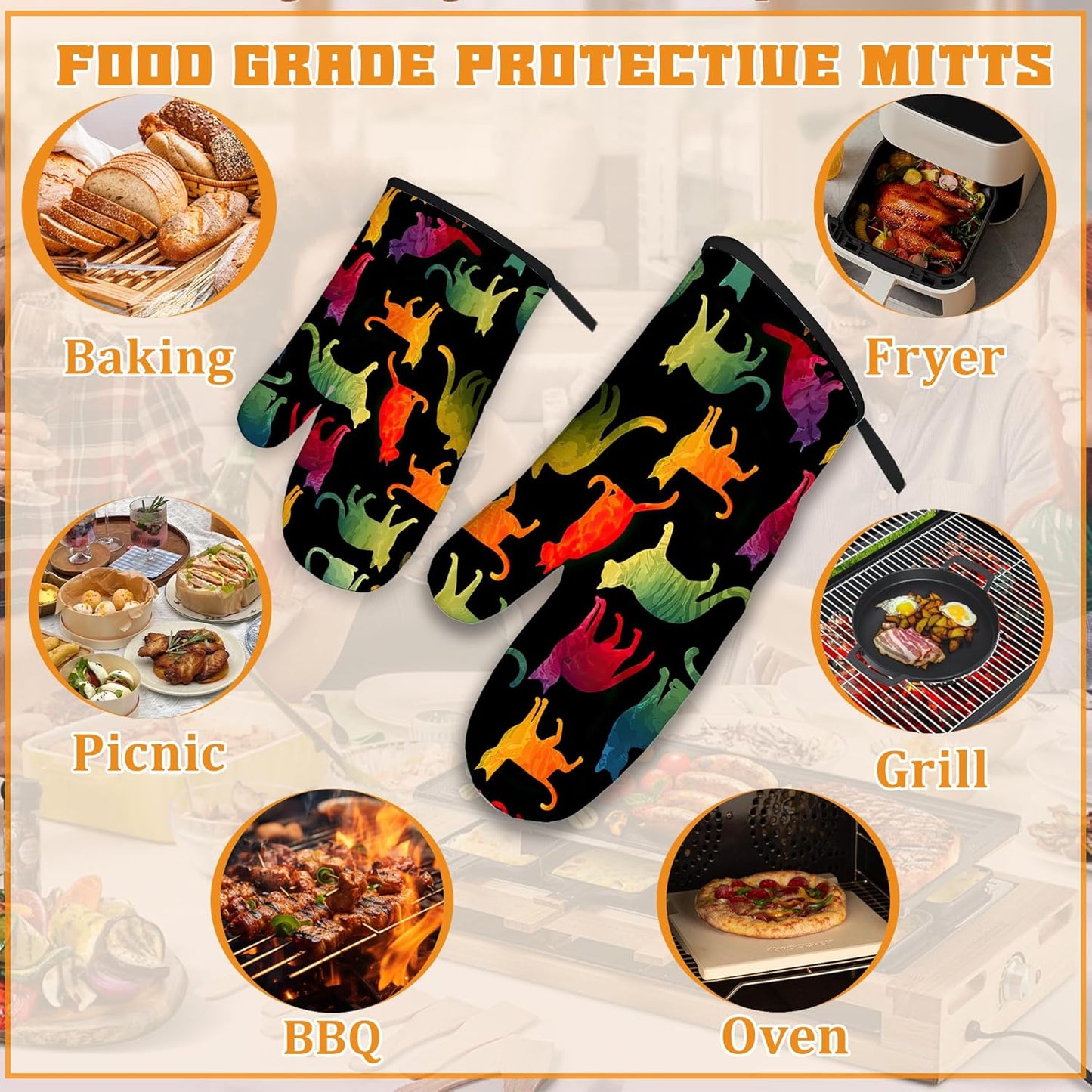 Funny Colorful Cat Oven Mitts and Pot Holders Set,Kitchen Decor Heat Resistant Non Slip Hot Pads and Oven Mitt for Chef Cooking Baking BBQ Mom Girl Gifts(4 Piece Set)