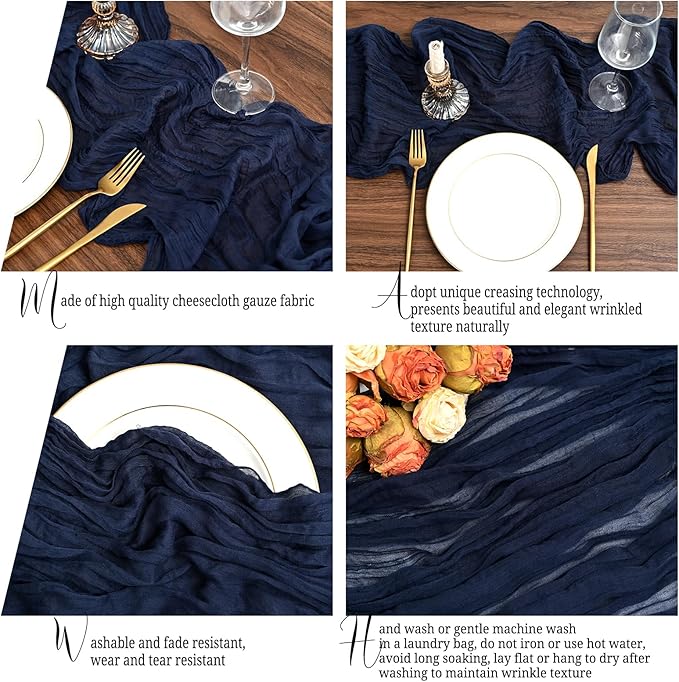 24 Pack Navy Blue Table Runners 10Ft Cheesecloth Table Runner Rustic Gauze Table Runner Romantic Long Sheer Fabric Cheese Cloth Table Runner for Wedding Party Bridal Baby Shower