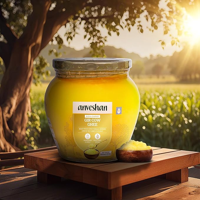 Anveshan A2 Gir Cow Ghee 500ML | Grass-Fed | Pasture-Raised | Gut Friendly | Keto Friendly | High Smoke Point | Sustainably Sourced | Casein Free | Clarified Butter