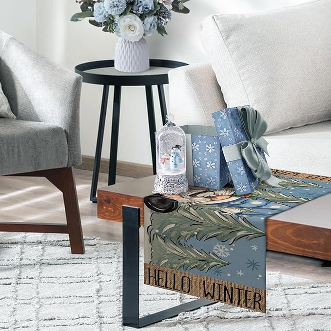 Seliem Hello Winter Blue Gnome Table Runner, Pine Tree Snowflake Hot Cocoa Farmhouse Kitchen Dining Table Decor, Christmas Holiday Rustic Home Decoration Indoor Outdoor Party Supply 13 x 36 Inches