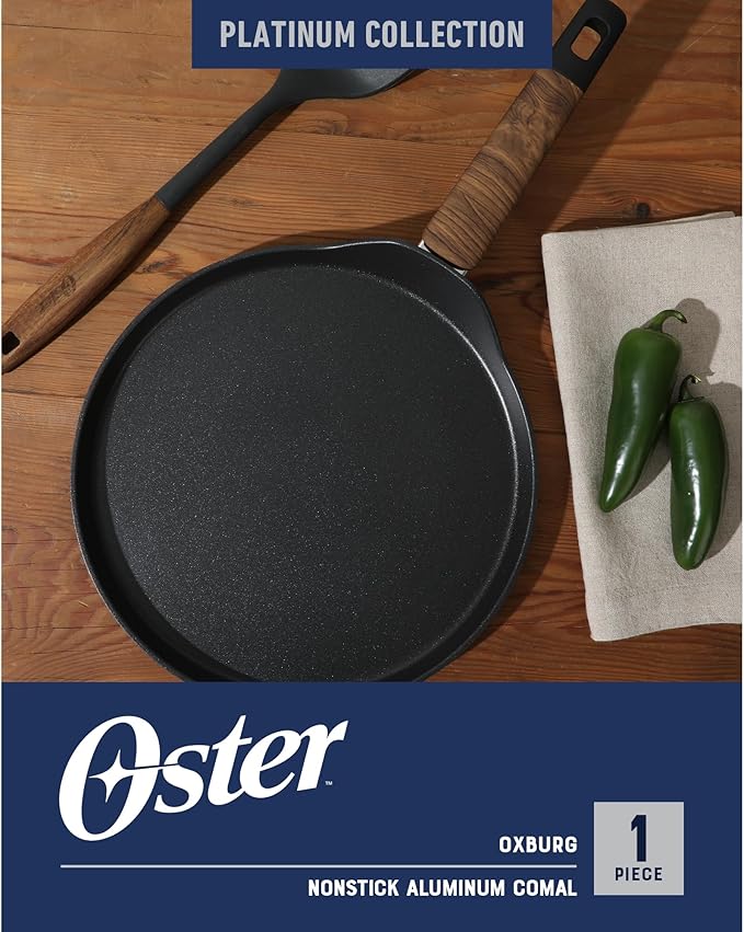 Oster Platinum Oxburg 11 Inch Frying Pan/Comal/Flat Pancake Pan Forged Aluminum PFA Free Non-toxic Premium Ceramic Non Stick Interior Skillet, Kitchen Egg Pan, Omelet Pan - Black w/Wood Handles