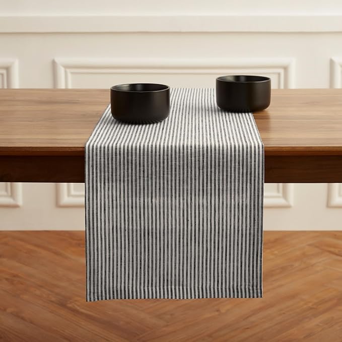 Solino Home Linen Striped Table Runner 108 Inches Long - Narrow Stripe 100% Pure Linen Black and White Dining Table Runner 14 x 108 Inch for Winter, Christmas, New Year