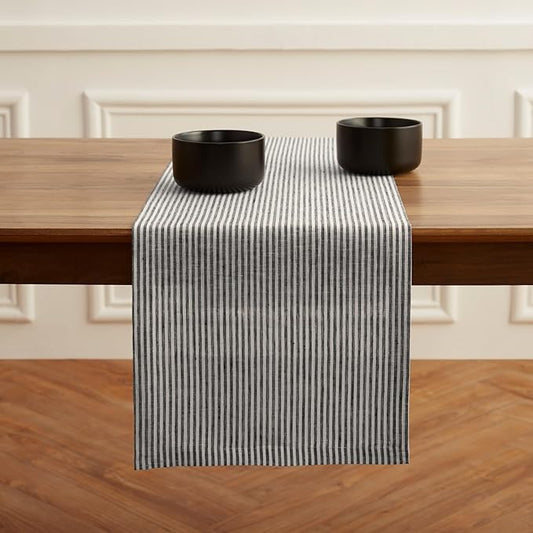 Solino Home Linen Striped Table Runner 108 Inches Long - Narrow Stripe 100% Pure Linen Black and White Dining Table Runner 14 x 108 Inch for Winter, Christmas, New Year