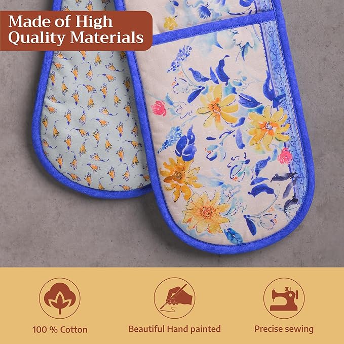 Maison d' Hermine Double Oven Mitts 100% Cotton 7"x35" Double Oven Mitt Heat Resistant BBQ Cooking Gloves with Loop, Baking, Grilling, Home, Kitchen, Handling Hot Pans Spring Summer (Girassol)