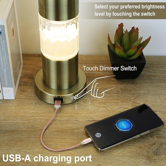 Serteaw Set of 2 Gold Bedroom Lamp for Nightstands, Touch Table Lamps, USB Charging Ports, with Stepless Dimming Mode for Living Room, Modern Snow and Clouds Crystal Bedside Lamps