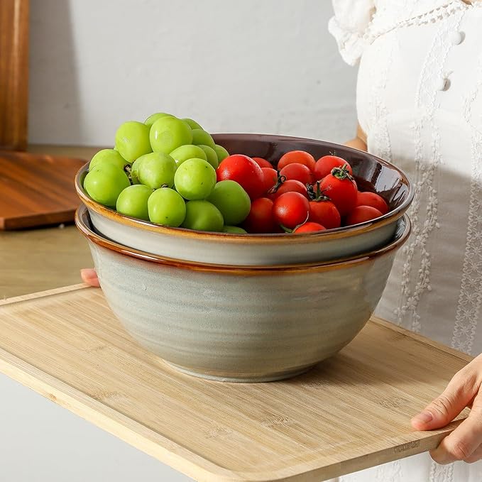 MEKY 84oz Serving Bowls, Ceramic Mixing Bowls Set of 2, 9 Inch Large Kitchen Bowls for Prep Baking Salad Pasta Ramen, Microwave & Dishwasher Safe, Durable for Daily Cooking & Entertaining, Brown