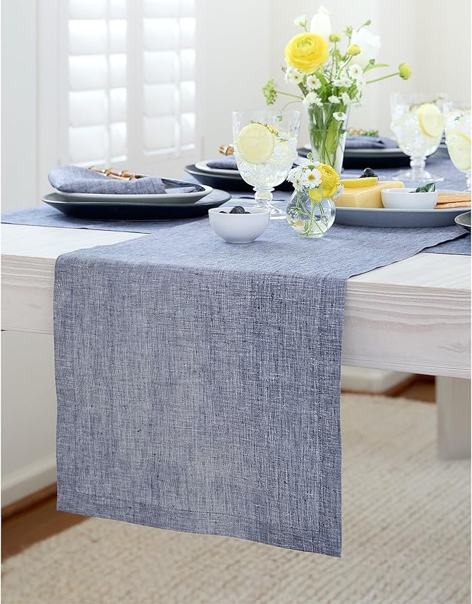 Solino Home Linen Table Runner 72 Inches Long - Athena, 100% Pure Linen Chambray Indigo Table Runner 14 x 72 Inch for Dining, Christmas, Holiday, Winter, New Year