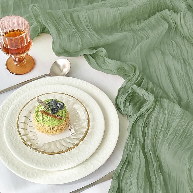 IVAPUPU 4 Pcs Cheesecloth Table Runner - 10ft Sage Green Boho Gauze Cheese Cloth Table Runners for Baby Shower Decoration Wedding Party Summer Garden Farmhouse
