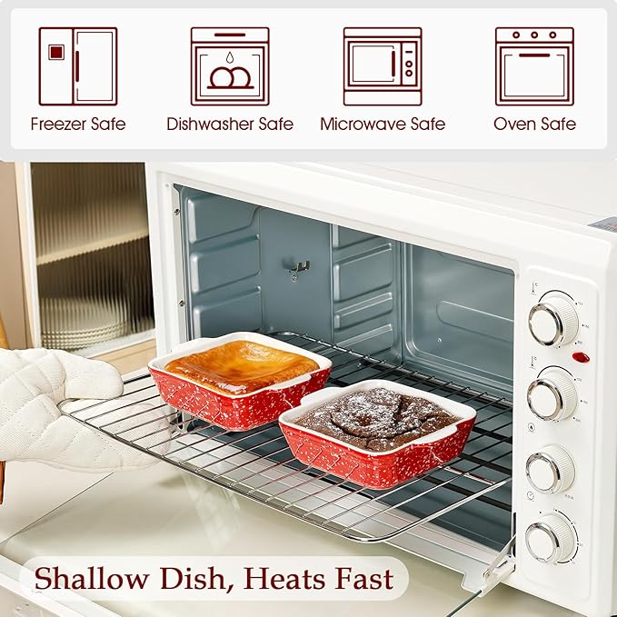 NUTRIUPS 13oz 5.9x5.9in Square Ceramic Baking Dish Set, 2-Pack Small Oven-Safe Baking Pan for Lasagna, Casserole - Bakeware for Baking & Serving (Red)