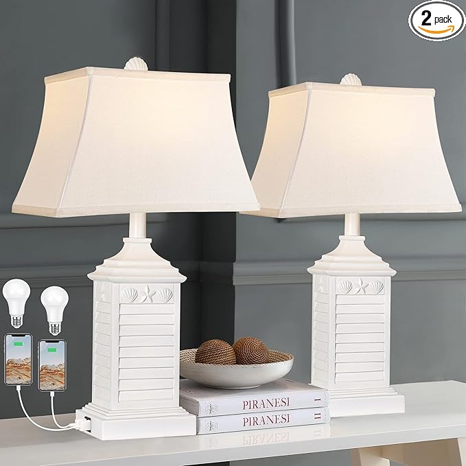 Hamucd Table Lamps for Living Room Set of 2, Coastal White Bedside Lamps for Bedroom with USB A+C Outlet Modern Resin 3-Color Temperature Nightstand Lamp for End Table (Bulbs Included)