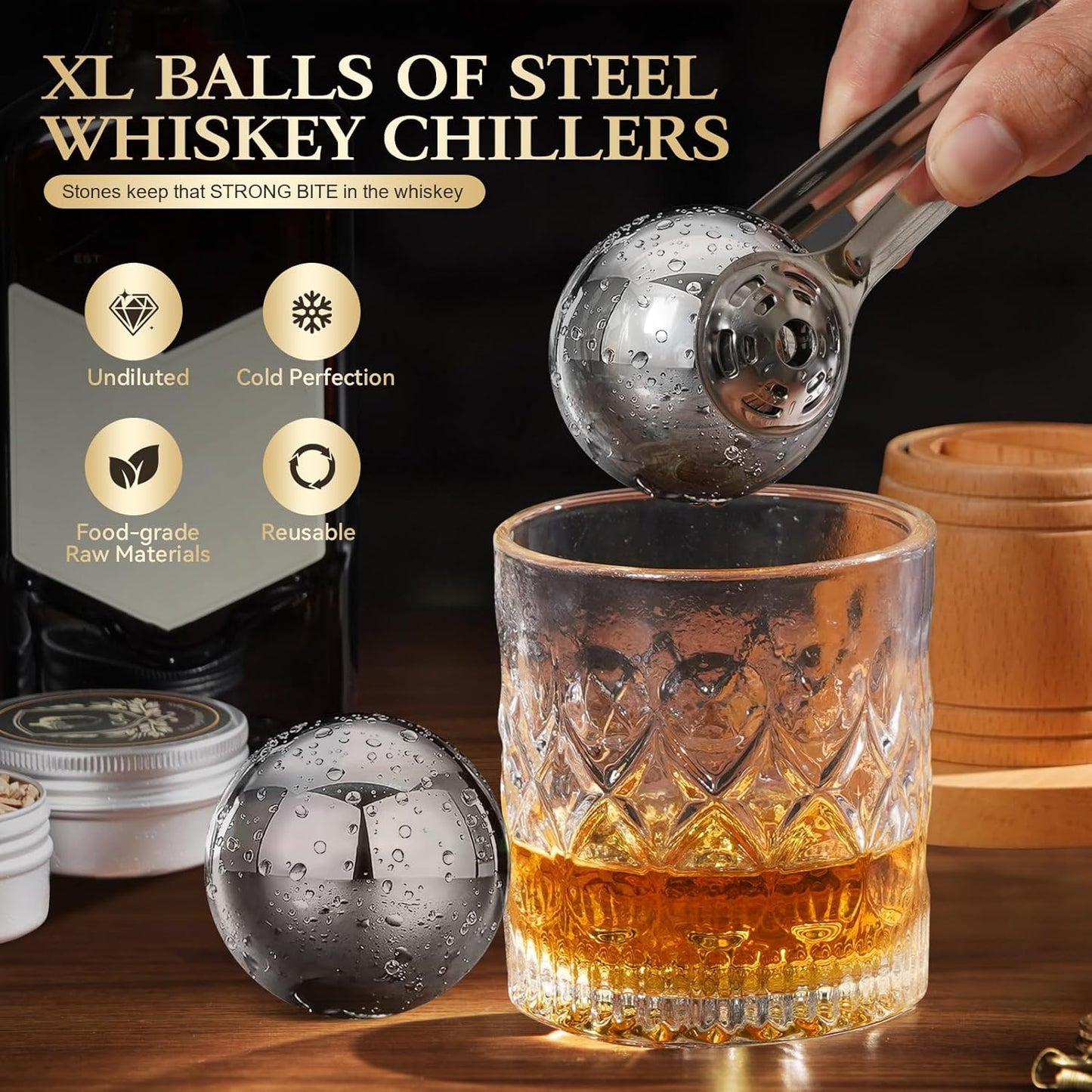 Whiskey Smoker Kit with Torch - Old Fashioned Cocktail Smoker Kit with 6 Flavors Wood Chips | Bourbon Drink Smoke Set with 2 XL Stainless Steel Ice Balls & 2 Glasses for Men, Dad(No Fuel Included)