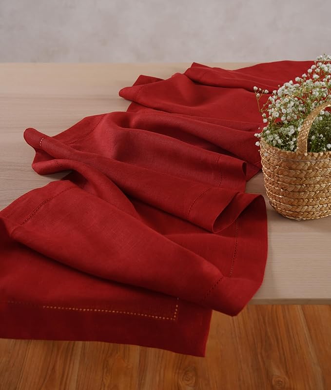 Home Ekaa 100% Pure Linen Red Table Runner 14×48 Inch – Small Hemstitch Washable Cloth Fabric Runner for Christmas, Fall, Winter, Holiday & New Year Décor – Elara Collection