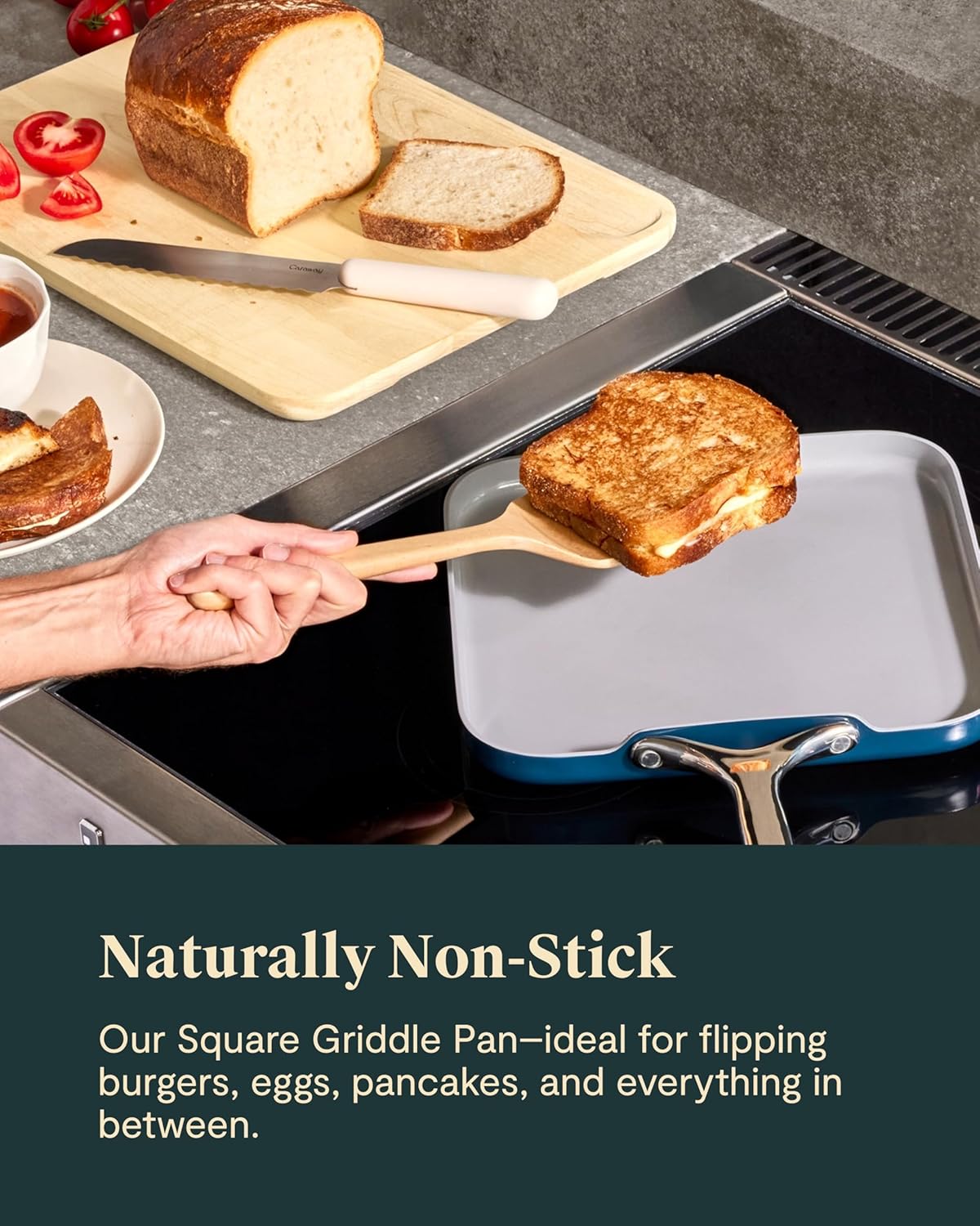 Caraway Square Griddle Pan - 11” Square Pan - Non-Stick Ceramic Coated - Non Toxic, PTFE & PFOA Free - Oven Safe & Compatible with All Stovetops - White