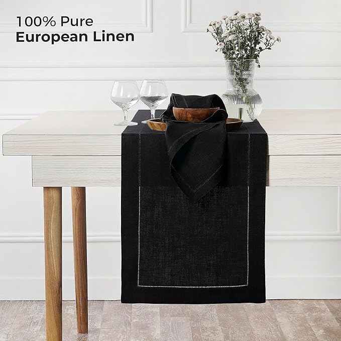 D'Moksha Homes Linen Black Table Runner 48 Inches - Classic Hemstitch, 100% Pure Linen Coffee Table Runner 14 x 48 Inch Ideal for Dresser Tables - Winter, Christmas, Holiday, New Year