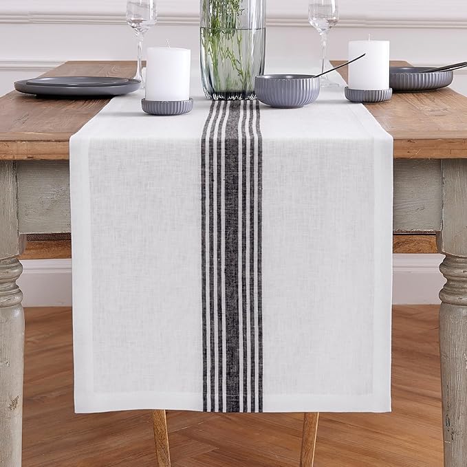 Solino Home Linen Table Runner 108 Inches Long - 100% Pure Linen Black and White Farmhouse Table Runner 18 x 108 Inch for Dining