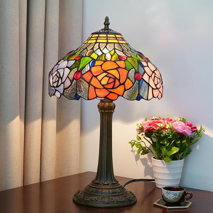 Tiffany Style Stained Glass Lamp Red Orange Purple Pink Rose Table Lamp Bedroom Bedside Reading Desk Light for Living Office Retro Unique Cute Accent Decor 12" Village Gift Nightstand Lamps