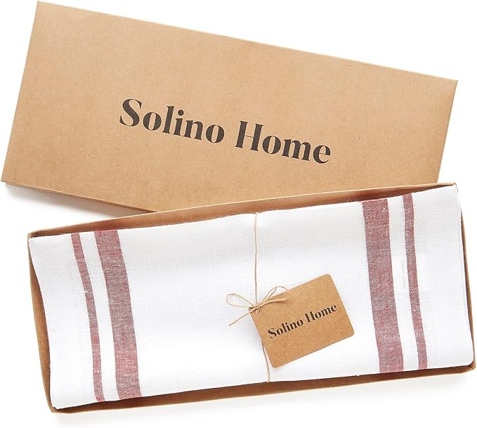 Solino Home Linen Table Runner 48 Inches - French Stripe, 100% Pure Linen Red and White Farmhouse Table Runner 14 x 48 Inch Ideal for Dresser and Coffee Tables - Christmas, New Year