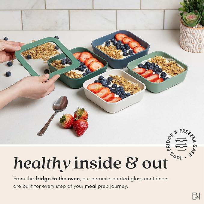 Ceramic Coated Glass Food Storage Container | No PTFE, PFOA, PFAS, and BPA | Reusable Non Toxic Meal Prep Container with Glass Lid | Easy To Store | 11 Cup Rectangle [Willow]