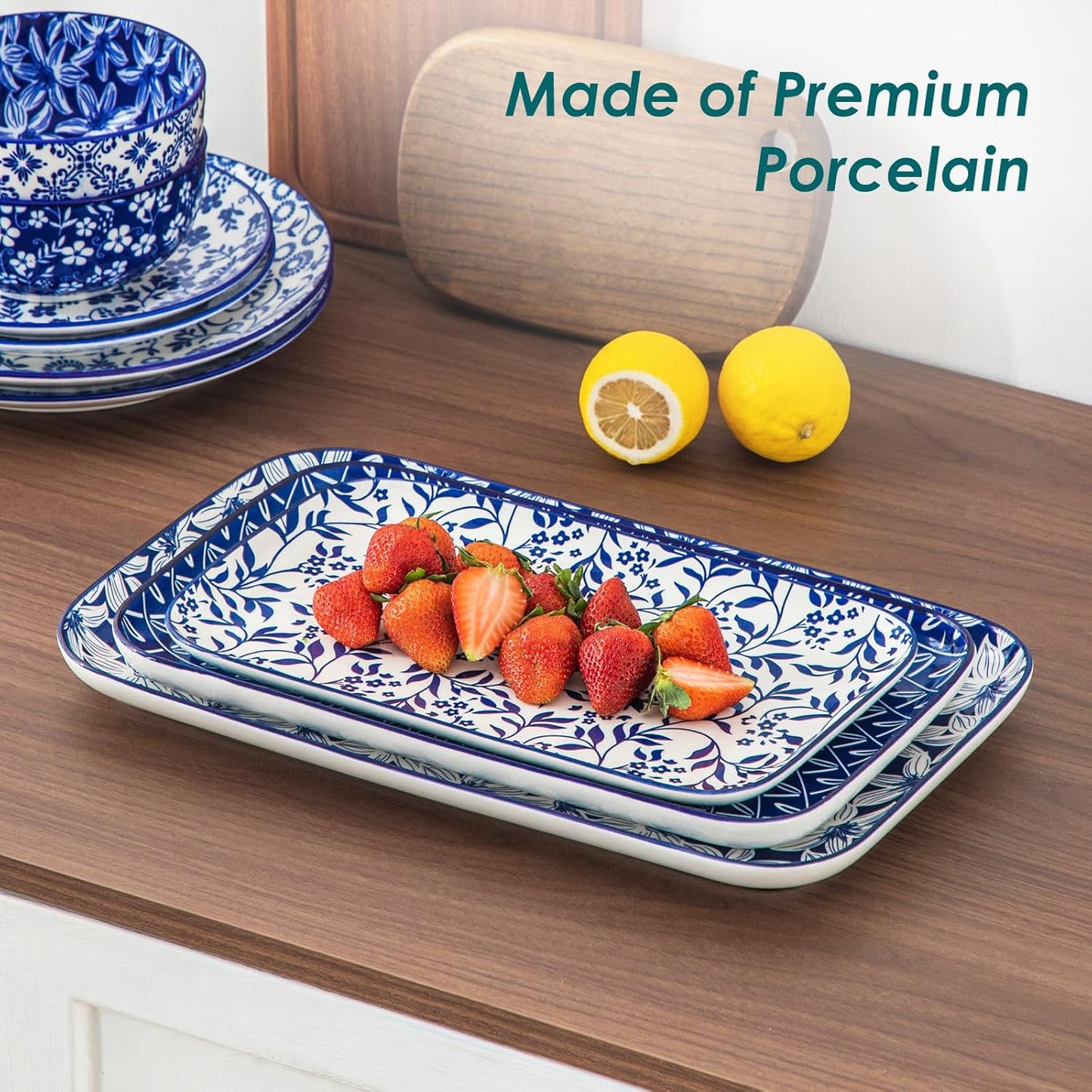 vancasso Serving Platters Set of 3, 16"/14"/12" Inch Rectangular Trays - Serving Platter Extra Large, Ceramic Serving Dish Microwave & Dishwasher Safe (Vintage Blue A)