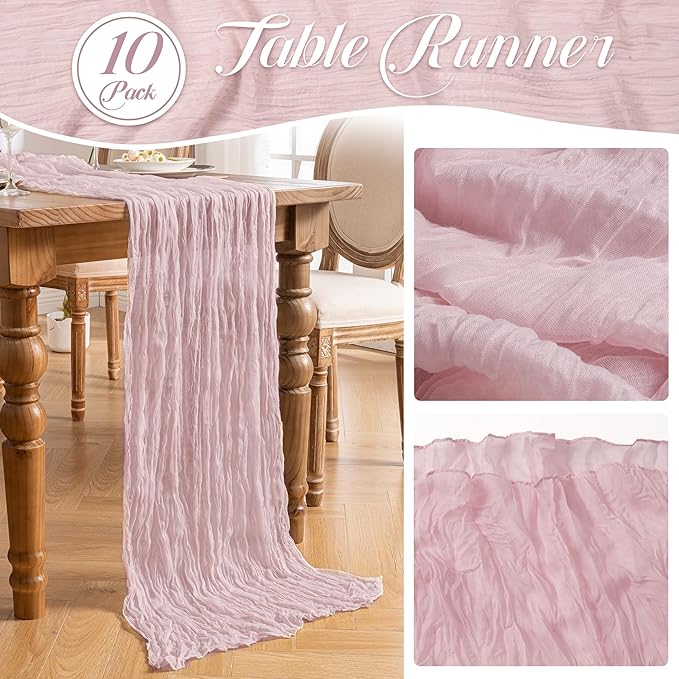Leetaltree 10 Pack Pink Cheesecloth Table Runner, 35x120 Inch Boho Rustic Cheese Cloth Table Runner, Decorative Table Runners for Bridal Baby Shower Decorations or Wedding Table Decorations