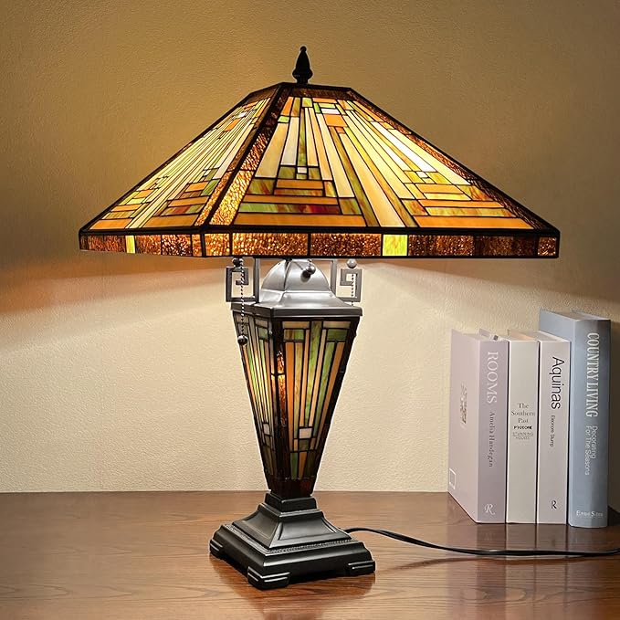 Capulina Tiffany Lamp Stained Glass Table Lamp 3-Light 16X16X24 Inches Mother-Daughter Vase Amber Brown Mission Tiffany Style Desk Reading Lamp for Living Room Bedroom Study Home Office