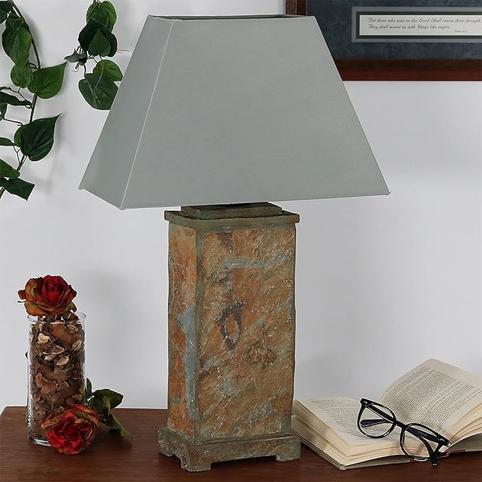 Sunnydaze 24" Outdoor Table Lamp - Weather-Resistant Natural Slate Light for Indoor or Outdoor Use - Cotton Lampshade - Set of 2