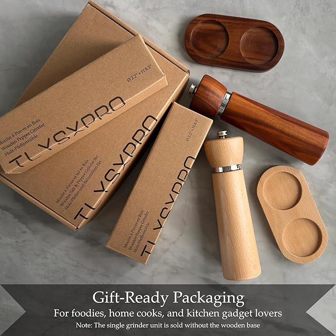 Wooden Pepper Grinder – Refillable Pepper Mill with Adjustable Upgraded Large Size Ceramic Burr – Manual Salt Grinder with Beech Wood Body – 8.3” Tall