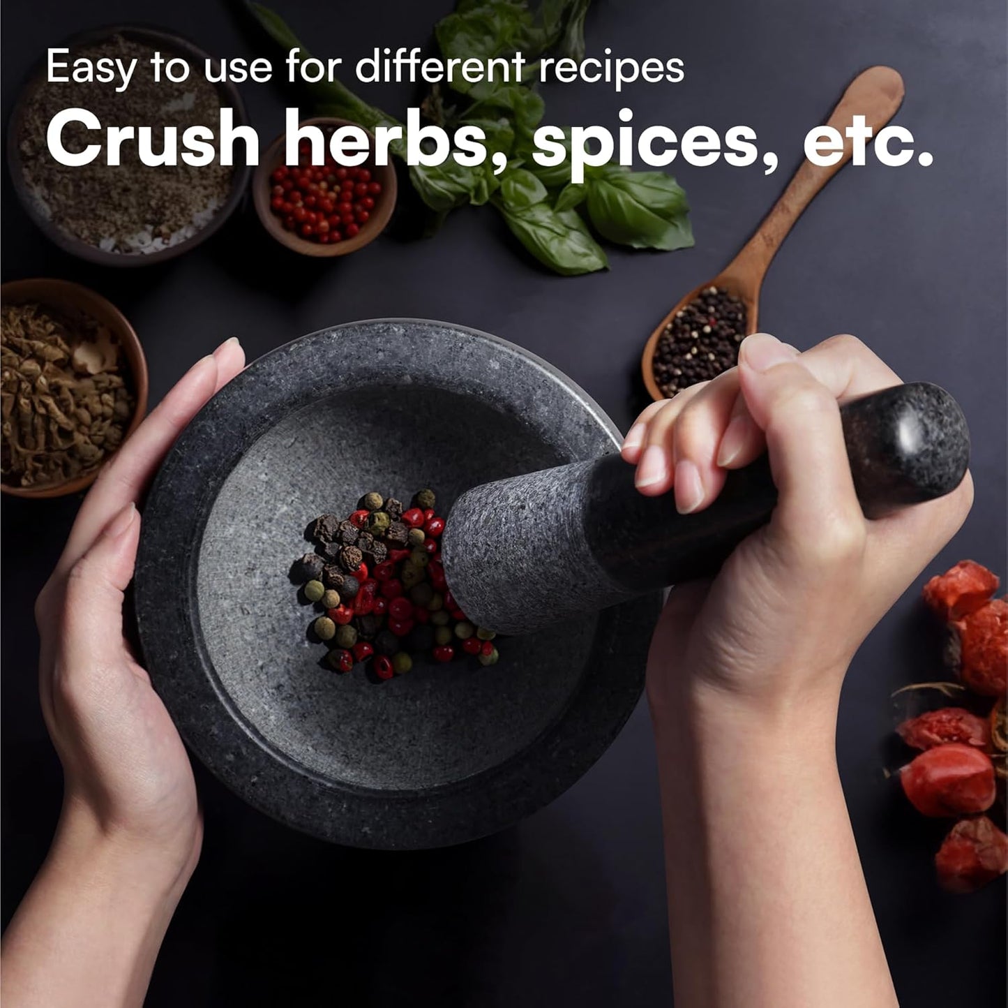 H&S Mortar and Pestle Set - Large Premium Solid Granite Stone Grinder Set - 16cm (6.3") Diameter - for Crushing & Mashing Herbs & Spices - Black