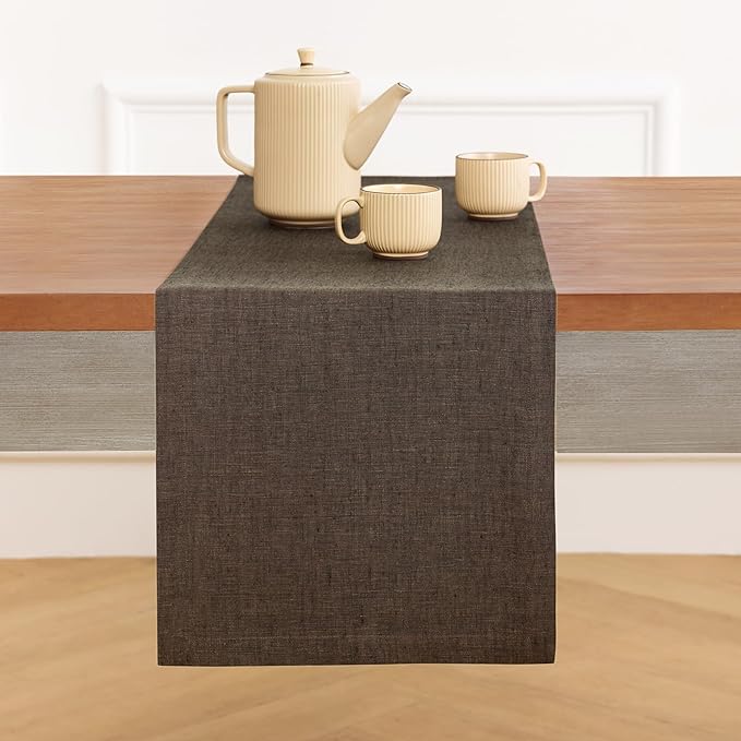 Solino Home Linen Chambray Brown Table Runner 156 Inches Long - Athena, 100% Pure Linen Dining Table Runner 14 x 156 Inch - Handcrafted and Machine Washable