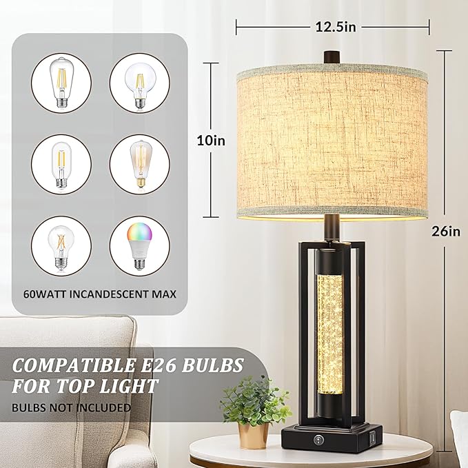 TOBUSA 26’’ Farmhouse Table Lamp for Living Room, Vintage Crystal Nightstand Lamp with 2 USB Ports, Rustic Bedside Lamp with Fabric Shade, Modern Black Desk Lamp with Crystal Night Light for Bathroom
