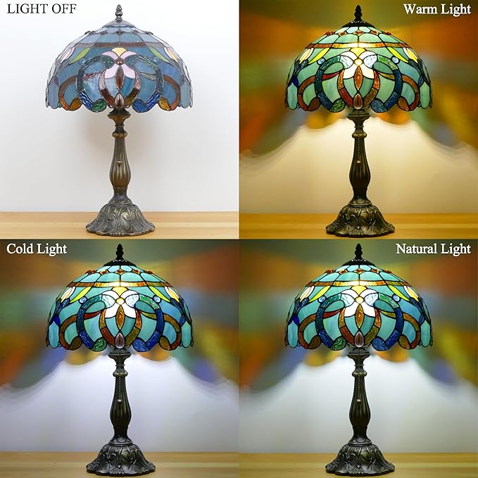 Tiffany Lamp Stained Glass Table Lamp Antique Bedside Reading Light W12H19 Inches (Sea Blue Baroque)