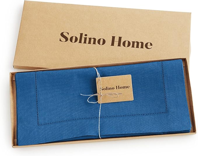 Solino Home Linen Table Runner 108 Inches Long - 100% Pure Linen Indigo Blue Table Runner 14 x 108 Inch for Christmas, Winter, New Year - Classic Hemstitch