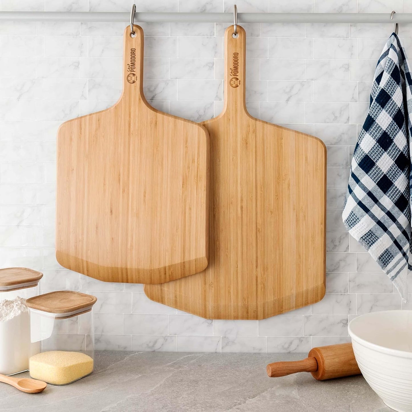 Chef Pomodoro Wooden Pizza Peel 14 inch, Homemade Wood Pizza Paddle, Board with with Handle, Indoor and Outdoor Oven Accessories, Spatula Gourmet Prep Shovel for Launching and Serving Pies and Bread