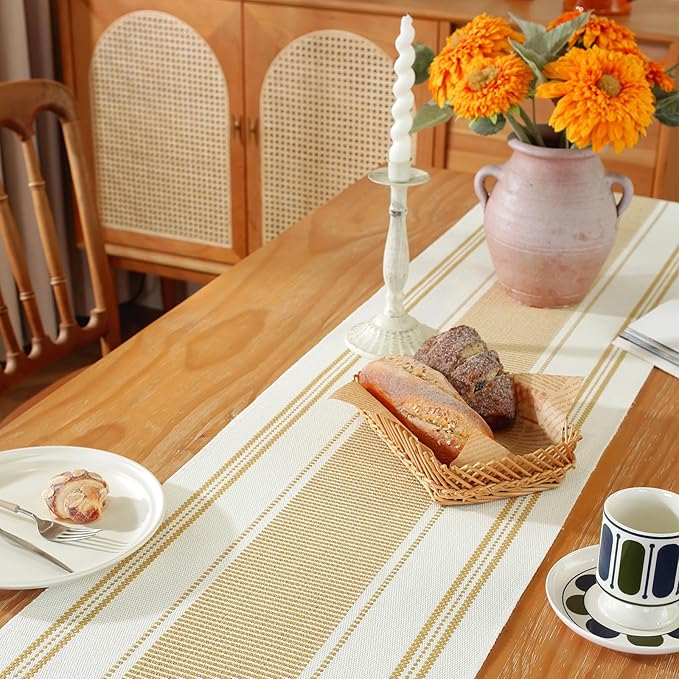 Niviy Gold Table Runner with Tassels, 72 Inches Long Farmhouse Macrame Cotton Linen Woven Runners for Summer Home Decor, Gold Table Decorations for Event Party, Christmas (Yellow, 12"×72")