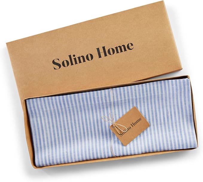 Solino Home Linen Table Runner 132 Inches Long - Narrow Stripe, 100% Pure Linen Cornflower Blue and White Farmhouse Table Runner 14 x 132 Inch for Dining