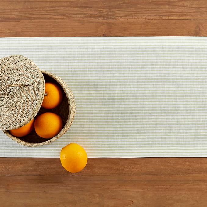 Solino Home Linen Table Runner 72 Inches Long - Narrow Stripe, 100% Pure Linen Sage and White Table Runner 14 x 72 Inch for Dining, Dresser, Christmas, New Year