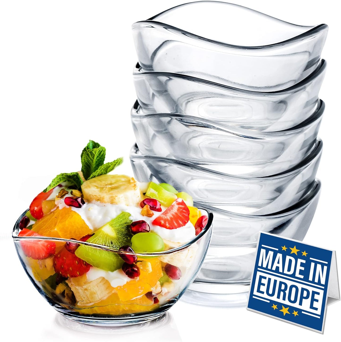 Volarium CRYSTALIA Small Glass Bowls for Kitchen Prep, Modern Round Serving Dishes for Dessert, Salad, Fruit, Pudding, Candy, Cereal, Ice Cream, Stackable Bowls Set of 6 (Medium 7 1/4 oz)