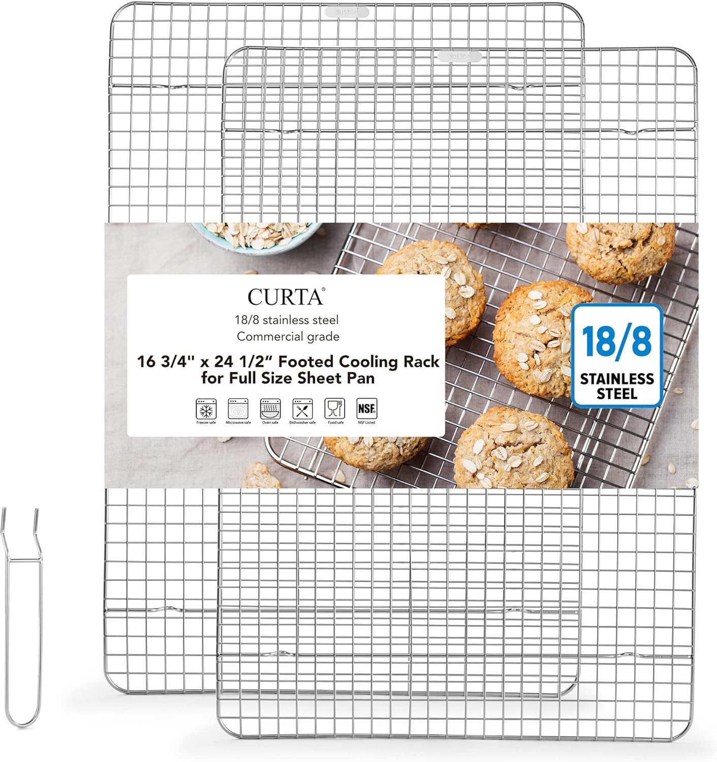CURTA 2 Pack Chef Cooling Rack,NSF Listed 18/8 Stainless Steel Oven Safe Grid Wire Cookie Cooling Racks for Baking & Cooking - 16.8" X 24.4" Commercial Grade comes with Lifting Handle …
