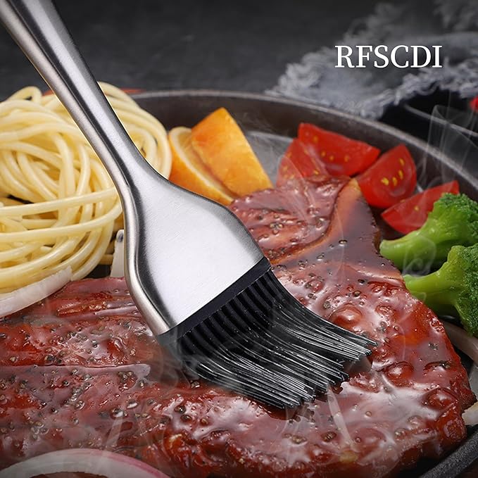 Stainless Steel Kitchen Tongs & Basting Brush Set – Heat Resistant Up to 600°F, Metal Locking Tongs for Cooking, Grilling, Baking & Barbeque (Silver, 9+12 inch)